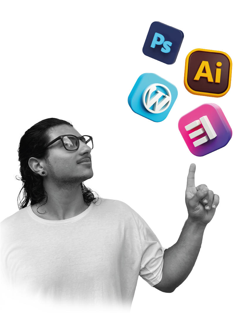 Júlio César apontando para ícones de ferramentas de design
