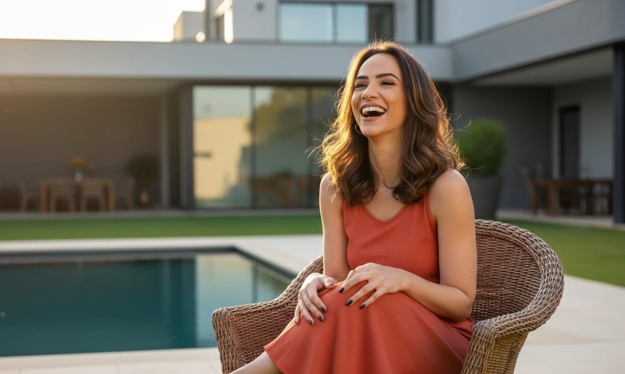 Mulher sorrindo tranquila ao ar livre